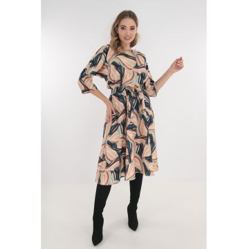 Rochie midi bej cu print abstract turcoaz