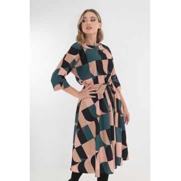 Rochie midi bej cu print geometric negru-turcoaz