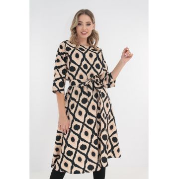 Rochie midi crem cu print geometric negru