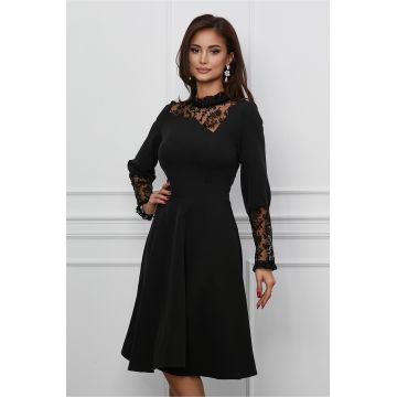 Rochie Moze neagra clos cu insertii din dantela la bust si maneci