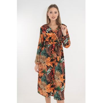 Rochie neagra cu print floral orange si decolteu parte peste parte