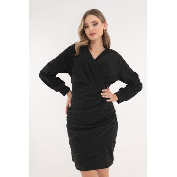 Rochie neagra din lurex cu fronseuri si decolteu parte peste parte