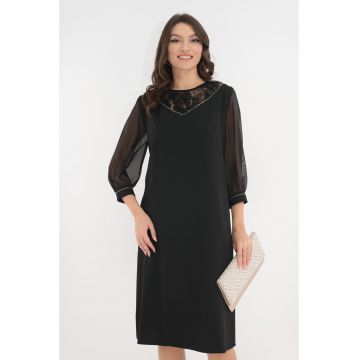 Rochie neagra eleganta cu dantela si fir argintiu