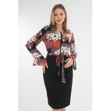 Rochie office neagra cu print alb-caramiziu