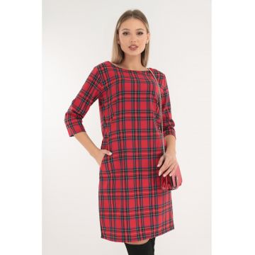 Rochie office rosie cu imprimeu in carouri si buzunare ascunse