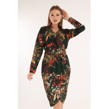 Rochie office verde cu print floral caramiziu