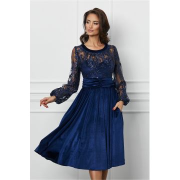 Rochie Dy Fashion bleumarin din catifea cu broderie si paiete la bust