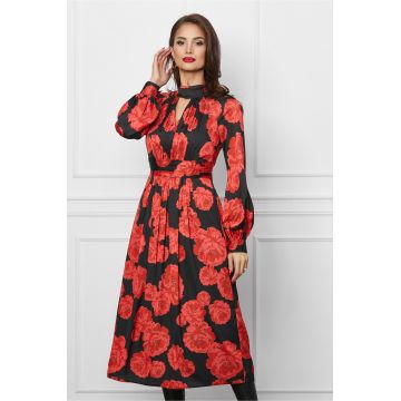 Rochie Leonard Collection neagra cu imprimeuri florale rosii