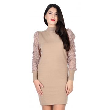 Rochie bej cu maneca tull 6002 B