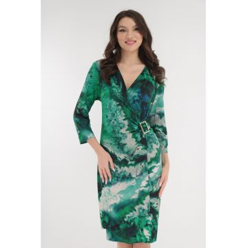 Rochie cocktail verde cu print abstract si accesoriu in talie