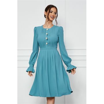 Rochie Dy Fashion bleu cu pliuri si nasturi decorativi pe bust