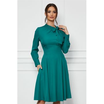 Rochie Dy Fashion verde cu funda la guler si nasturi pe bust