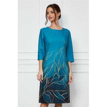 Rochie Ioana turcoaz cu imprimeu galben