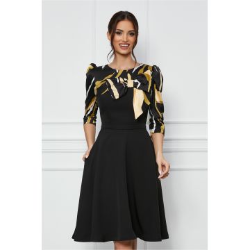 Rochie MBG neagra cu imprimeu pe bust si maneci