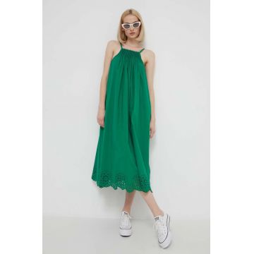 Desigual rochie din bumbac culoarea verde, maxi, evazati