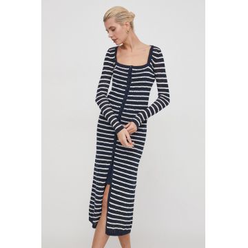 Pepe Jeans rochie din amestec de in culoarea albastru marin, midi, mulata