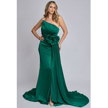 Rochie lunga de ocazie Luxury din tafta verde cu drapaje