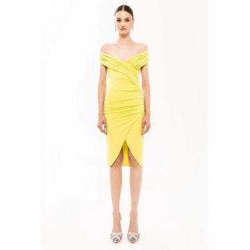 Rochie midi cu decolteu pe umeri si aspect drapat