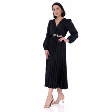 Rochie de ocazie midi eleganta din satin negru cu maneca lunga, Iza