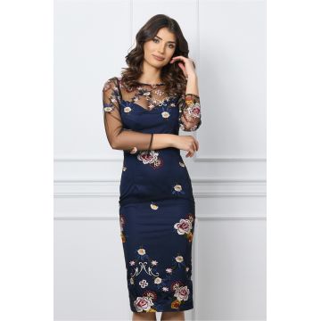 Rochie Dy Fashion bleumarin din dantela cu flori