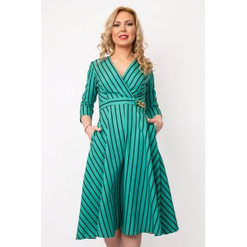 Rochie Dama Ilinca - Verde, Cu Buzunare si Dungi Negre