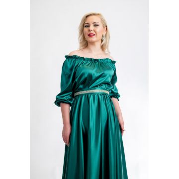 Rochie Verde Zonia Lunga din Satin cu Cordon, Malika Fashion