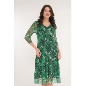 Rochie lejera din tulle cu imprimeu tropical verde
