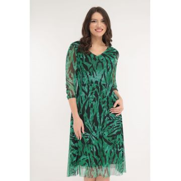 Rochie lejera din tulle verde cu model abstract negru