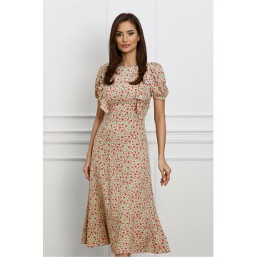 Rochie Dy Fashion bej cu floricele corai si volane pe umeri Rochie Dy Fashion bej cu floricele corai si volane pe umeri