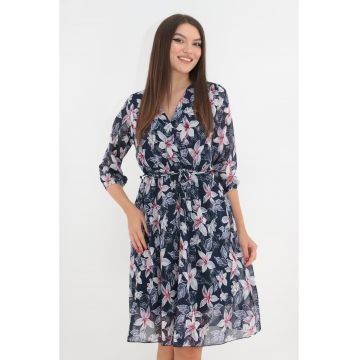 Rochie bleumarin cu print floral maxi roz-bleu