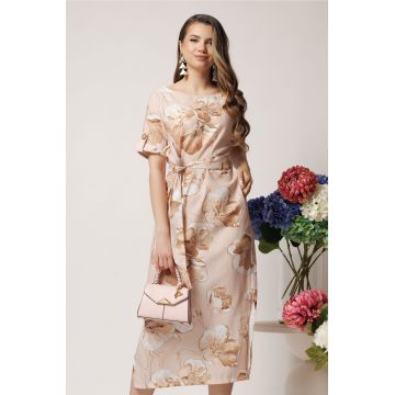 Rochie de zi bej cu imprimeuri florale si cordon in talie