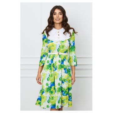 Rochie Dy Fashion clos alba cu imprimeu albastru-verde si curea in talie