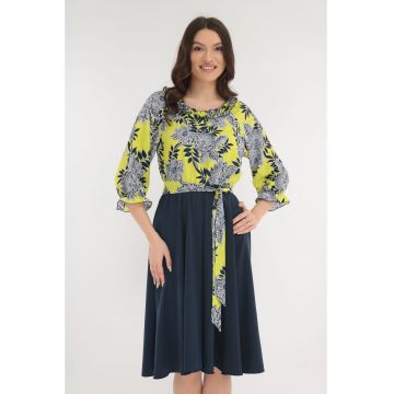 Rochie eleganta bleumarin-galben cu imprimeu floral