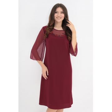 Rochie eleganta bordo cu broderie florala 3D