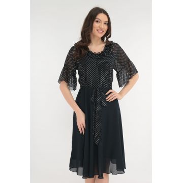 Rochie eleganta din voal bleumarin si voal cu buline crem