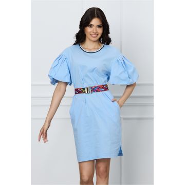 Rochie Sami bleu cu maneci bufante si curea in talie