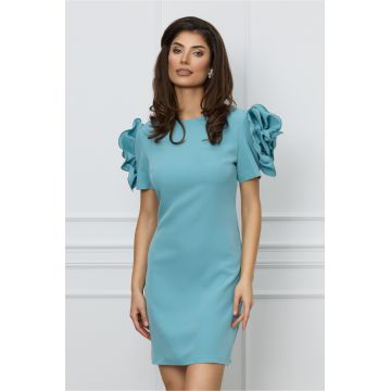 Rochie office bleu cu flori maxi pe maneci