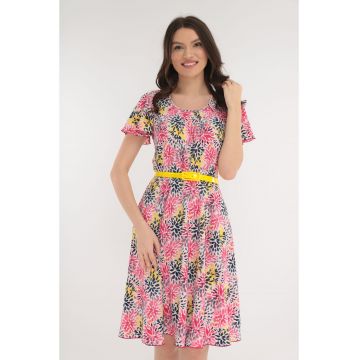 Rochie clos cu print floral galben-roz si curea galbena