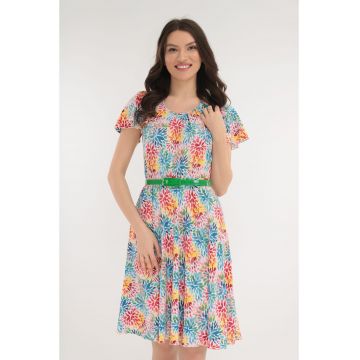 Rochie clos cu print floral multicolor si curea verde