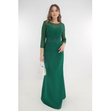 Rochie de seara verde-smarald cu strasuri si broderie