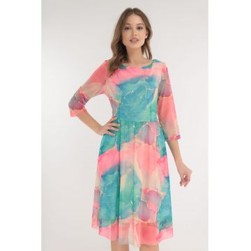 Rochie din tulle cu print abstract corai-turcoaz