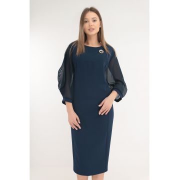 Rochie eleganta din stofa bleumarin cu maneci din voal