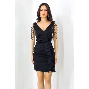 Rochie eleganta Larisa, cu siraguri din cristale si falduri decorative, Negru, S/