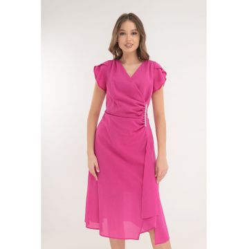 Rochie fucsia de ocazie cu glitter si fronseuri