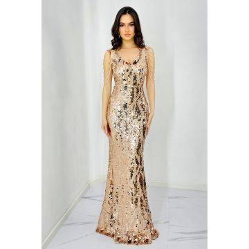 Rochie de eveniment Majestic, cu paiete, cristale si croiala tip sirena, Auriu