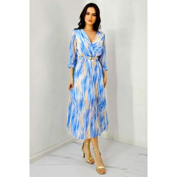 Rochie de zi Fatima, croiala plisata si imprimeu pastelat, Albastru, Marime S/M