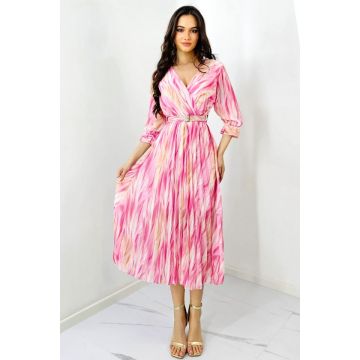 Rochie de zi Fatima, croiala plisata si imprimeu pastelat, Roz, Marime S/M