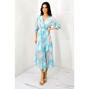 Rochie de zi Fatima, croiala plisata si imprimeu pastelat, Turquoise, Marime S/M