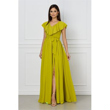 Rochie Dy Fashion lime lunga cu volan la bust si cordon in talie