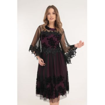 Rochie eleganta violet cu tulle negru si broderie florala